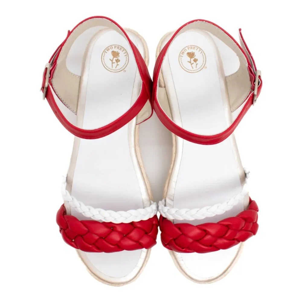 Red & White Braided Espadrille Wedge Sandal